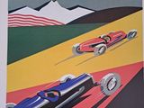 une image représentant une affiche d'une voiture de course roulant sur un circuit
