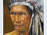 une peinture à l'huile représentant un homme coiffé d'une coiffe à plumes