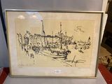 a picture of a drawing of a boat in a harbor