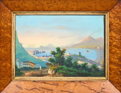 une peinture à l'huile représentant une vue d'une ville et d'un lac