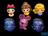 four different disney princess figurines on a black background