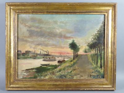 peinture à l'huile d'une scène de rivière avec des bateaux sur l'eau