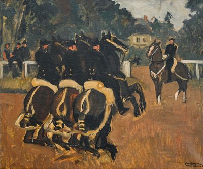 une peinture représentant un groupe d'hommes à cheval