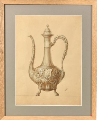 drawing of a silver teapot on a table with a wooden frame