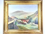 une peinture à l'huile représentant un pont au-dessus d'une rivière, avec une montagne en arrière-plan