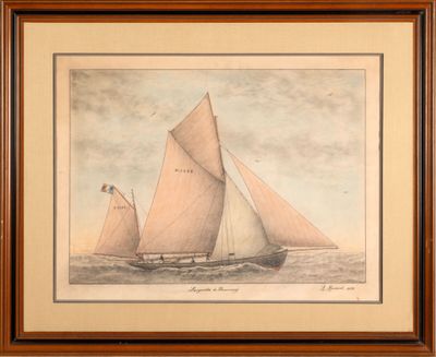 tableau représentant un voilier à trois voiles sur un plan d'eau