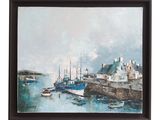 painting of a harbor scene with boats in the water and a castle in the background