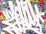 a painting of a white spray painted logo on a colorful background