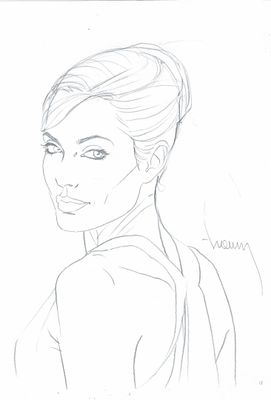 croquis au crayon représentant une femme aux cheveux relevés en chignon