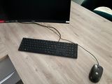 a keyboard and a mouse on a desk with a monitor