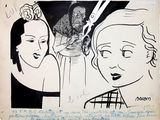 drawing of a woman and a man sitting at a table in front of a mirror