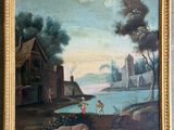 une peinture à l'huile représentant une scène au bord d'une rivière avec un homme et un chien
