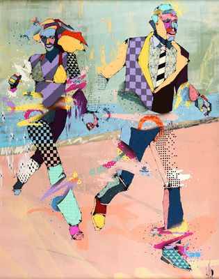 painting of a couple of people riding skateboards on a beach
