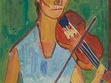 painting of a woman holding a violin in front of a green background