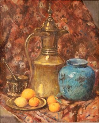 une peinture à l'huile représentant une théière et une assiette de fruits posées sur une table