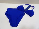 a blue bikinisuit with a halt neck and straps on it