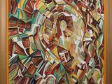 a painting of abstract shapes in a brown frame