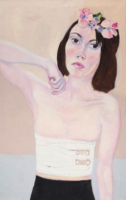 painting of a woman in a white top and black skirt with flowers in her hair