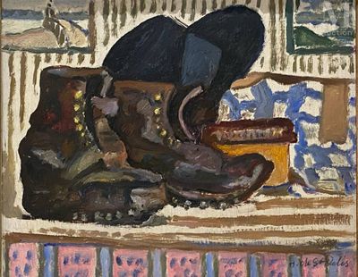un tableau représentant une paire de chaussures posée sur une table