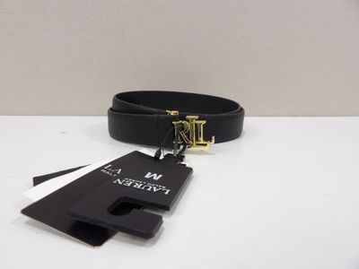 michael korsch black leather belt with gold buckle and id card