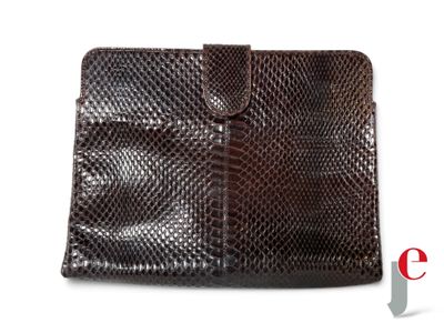 a close up of a brown snake skin purse on a white background