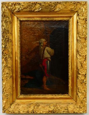 une peinture à l'huile représentant un homme muni d'une épée, dans un cadre doré