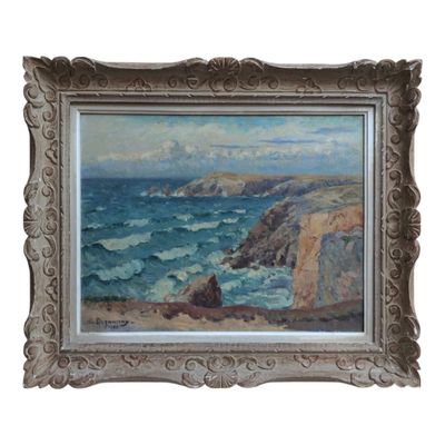 une image représentant un tableau d'une côte rocheuse avec des vagues qui déferlent