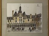 painting of a building with a horse drawn carriage in front of it