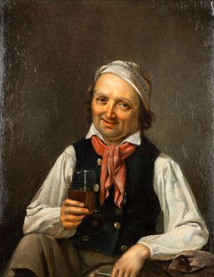 un tableau représentant un homme tenant un verre de vin à la main