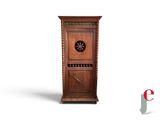 a wooden cabinet with a clock on top of it