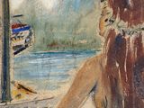 un tableau représentant une femme assise sur une couverture rouge