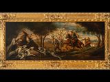 an image of a painting of a group of men on horseback in a wooded area