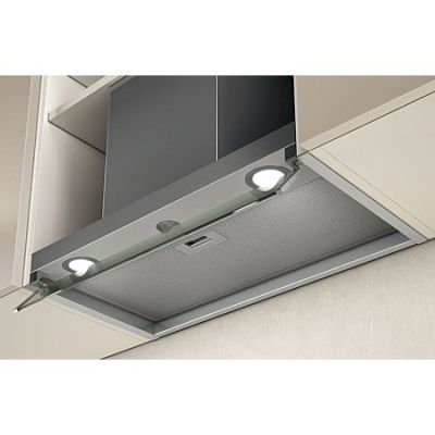 two lights that are on the hood of a kitchen