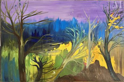une peinture représentant une peinture d'un paysage avec des arbres