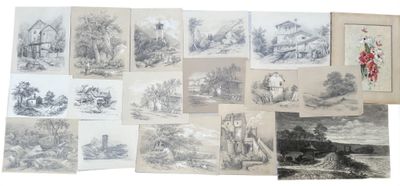a lot of drawings on the wall of this room