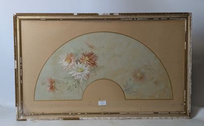 an old picture of a painting with a fan and flowers