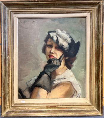 un tableau représentant une femme en robe blanche et gants noirs