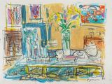 a drawing of a table with a vase of flowers on it