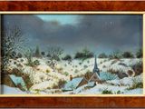 une image représentant un tableau d'un paysage enneigé avec une église en arrière-plan