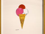 painting of an ice cream cone with two scoops of pink and red ice cream