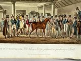 a drawing of a horse being led into a stable by a group of people
