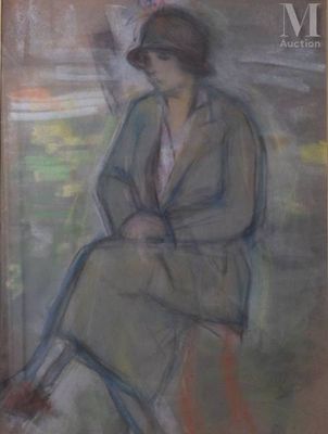 an oil painting of a woman sitting on a chair in a room