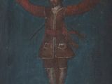 une vieille peinture représentant une personne sur une croix, avec le ciel en arrière-plan