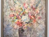 an oil painting of a vase of flowers on a table