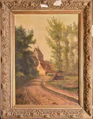 an oil painting of a country road with a house in the background