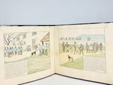 two open pages of a book with illustrations of people and animals
