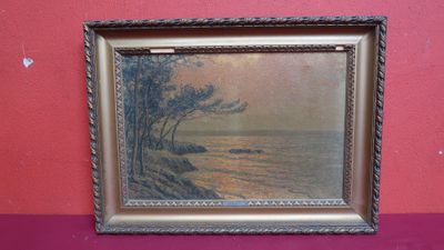 an old picture of a painting hanging on a wall next to a red wall