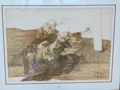 dessin représentant une femme assise sur un canapé, avec un chien sur les genoux