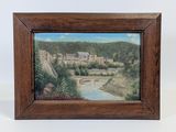 peinture à l'huile encadrée représentant une vue d'une ville et d'une rivière