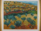 an oil painting of a landscape with trees and hills in the background